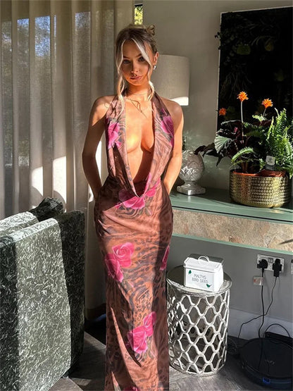 Vintage Halter Cleavage Backless Floral Dress