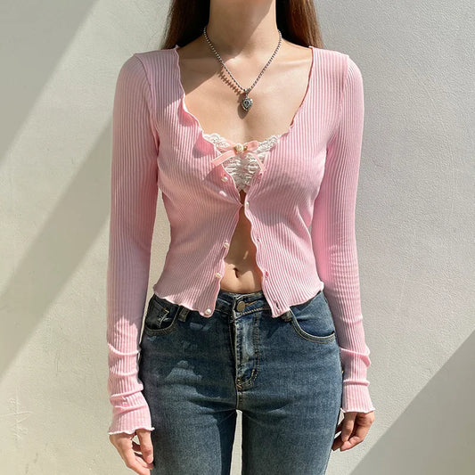Pink V-neck Lace Long Sleeve Crop Top