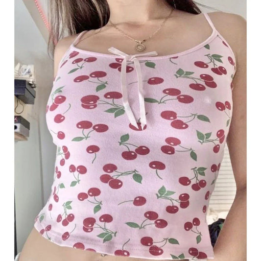 Y2K Cherry Print Adjustable Strap Slim Cami Top
