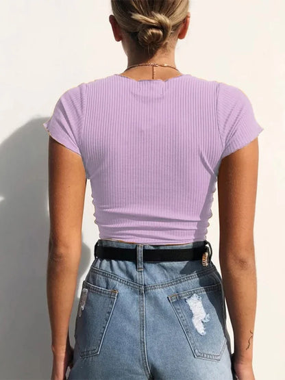 V-Neck Drawstring Ribbed Crop Top