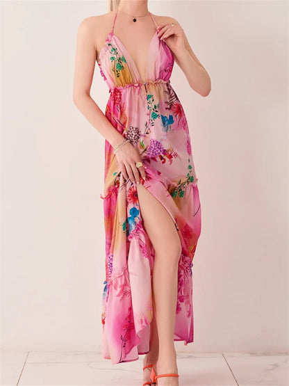 Retro Print Backless V-neck Midi Dress