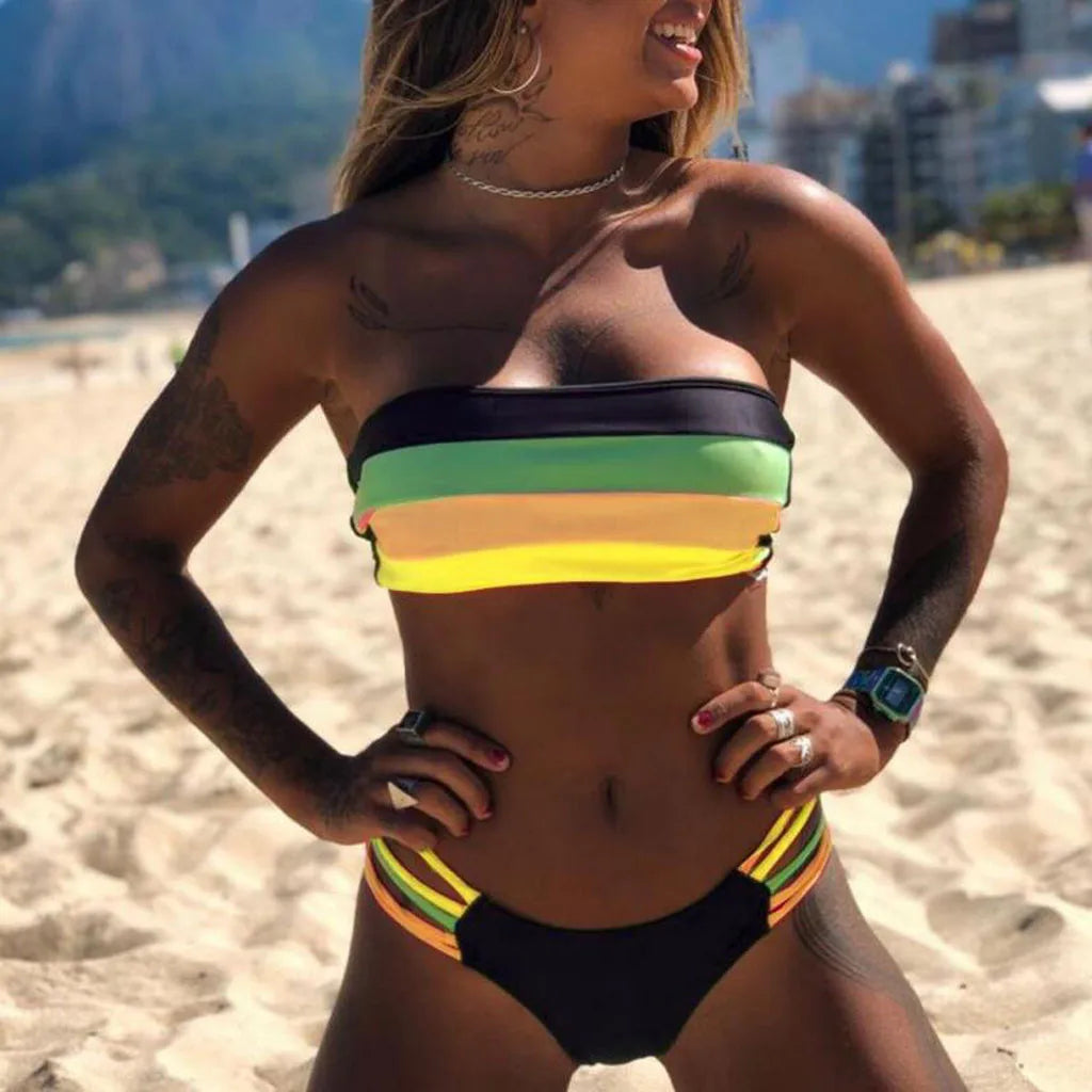Rainbow Crop Tube Push-Up Two Piece Swim Sets