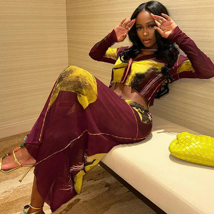 Crop Long Sleeve See Through Beach Vacation Two Piece Skirt Set