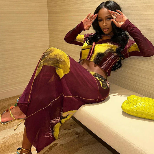 Crop Long Sleeve See Through Beach Vacation Two Piece Skirt Set