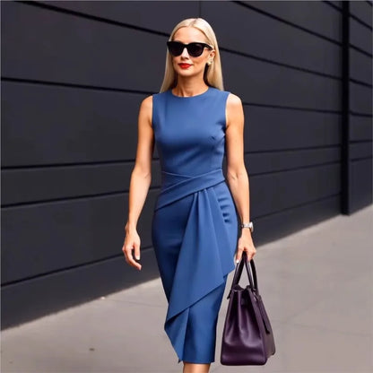 Solid Waisted Sleeveless Asymmetrical Long Work Dress