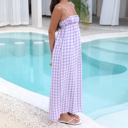 Backless Plaid Swing Slip Midi Dress