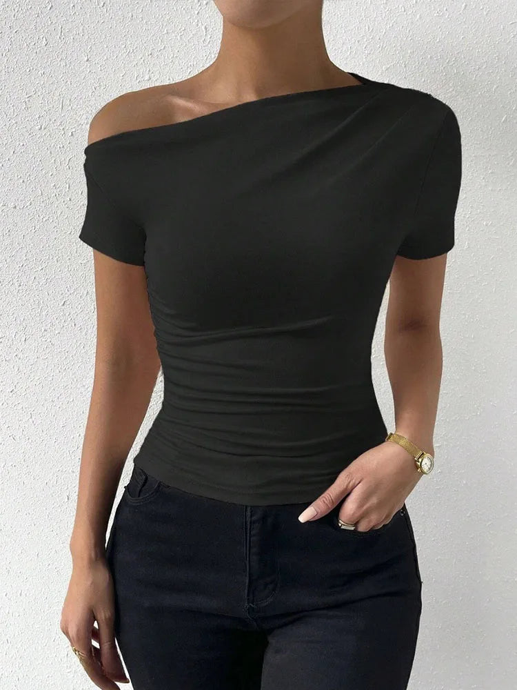 One-Shoulder Ruched Slim Fit Crop Top