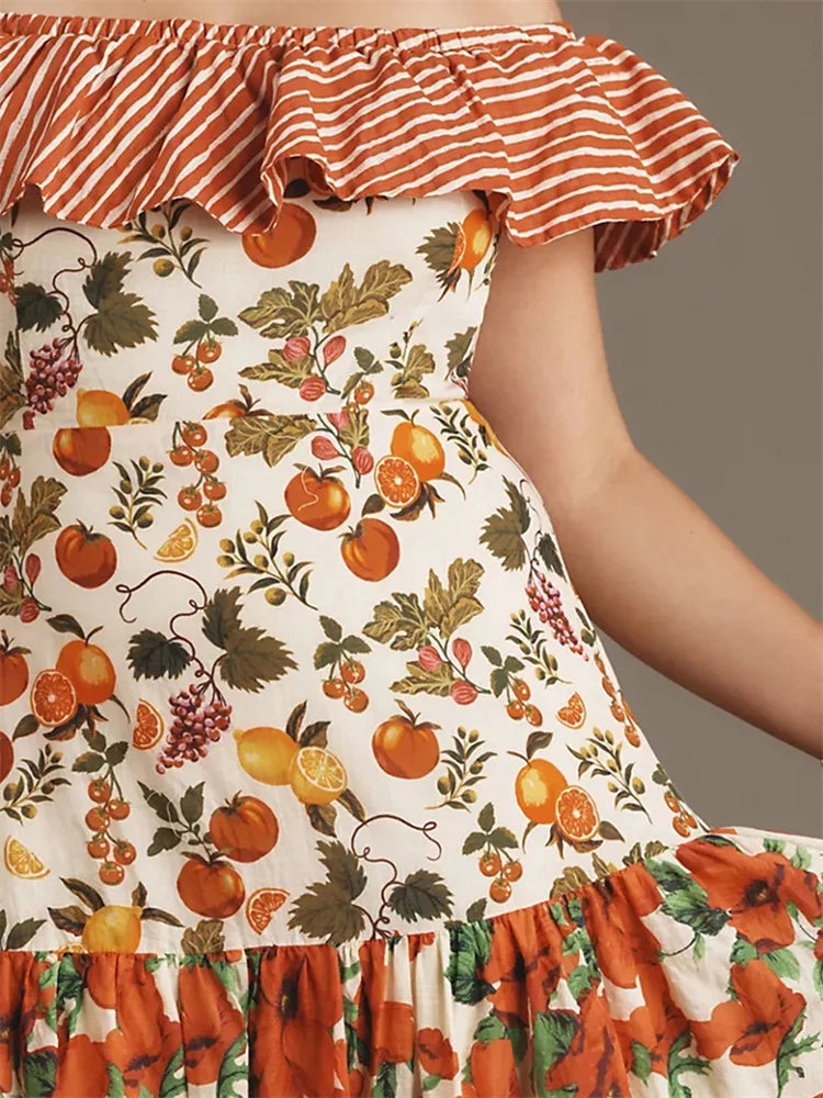 Slash Neck Ruffle Cocktail Floral Dress