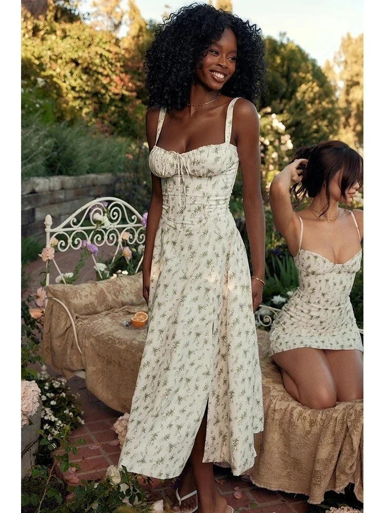 Waist Wrap Spaghetti A-Line Floral Dress