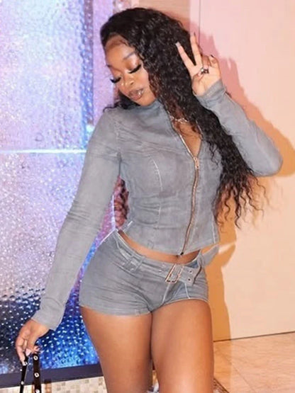 Distressed Denim Zipper Cardigan Jacket Two Piece Shorts Set
