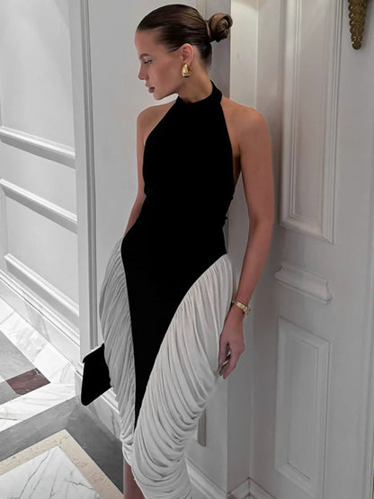 Patchwork Halter Backless Midi Dress