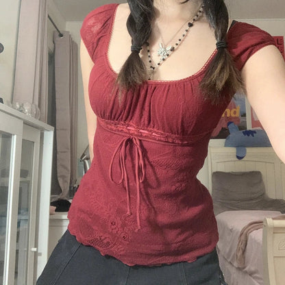 Square Collar Kawaii Bow Vintage Crop Top