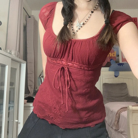 Square Collar Kawaii Bow Vintage Crop Top