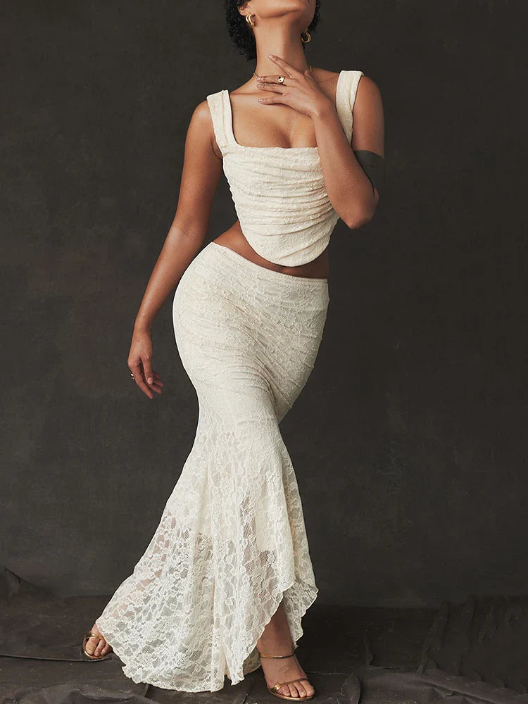 Lace Crop Elegant Skirt Knit Set