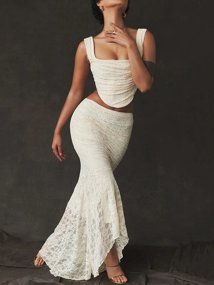 Lace Crop Elegant Skirt Knit Set