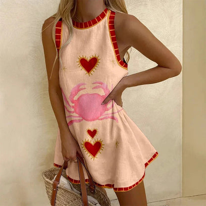 Printed Boho Loose Tank O Neck Mini Dress