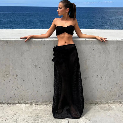 Lace Solid Bikini With Strappy Skirt Three Piece Set