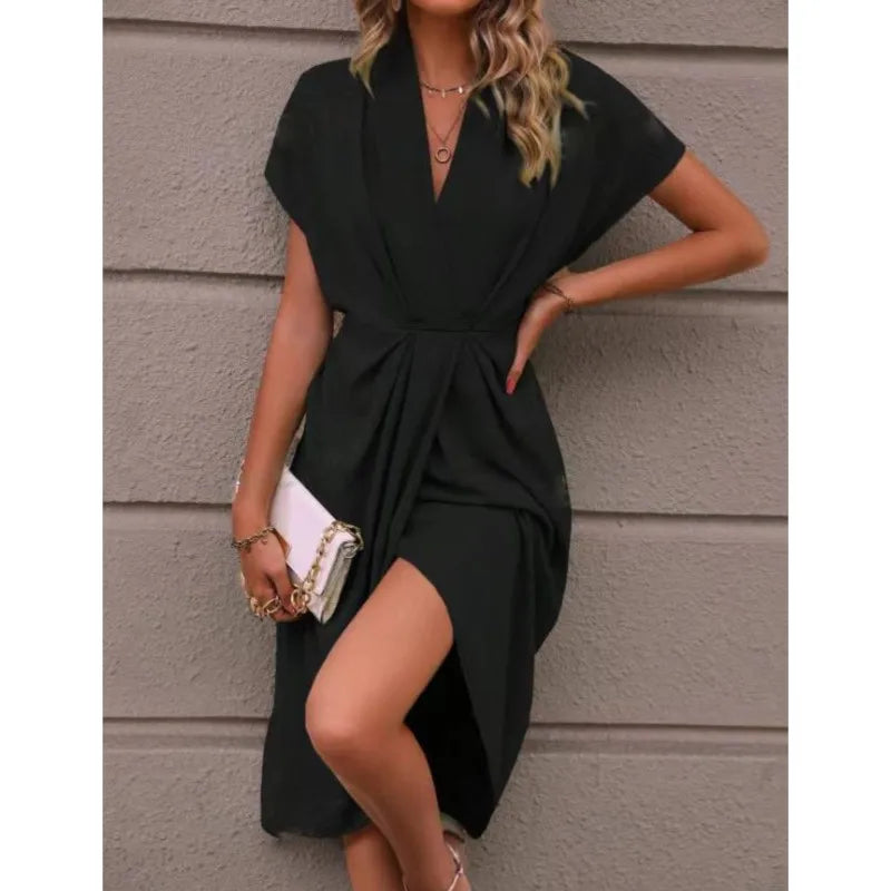 Short Sleeve Deep V Neck Draped High Waist Work Dress