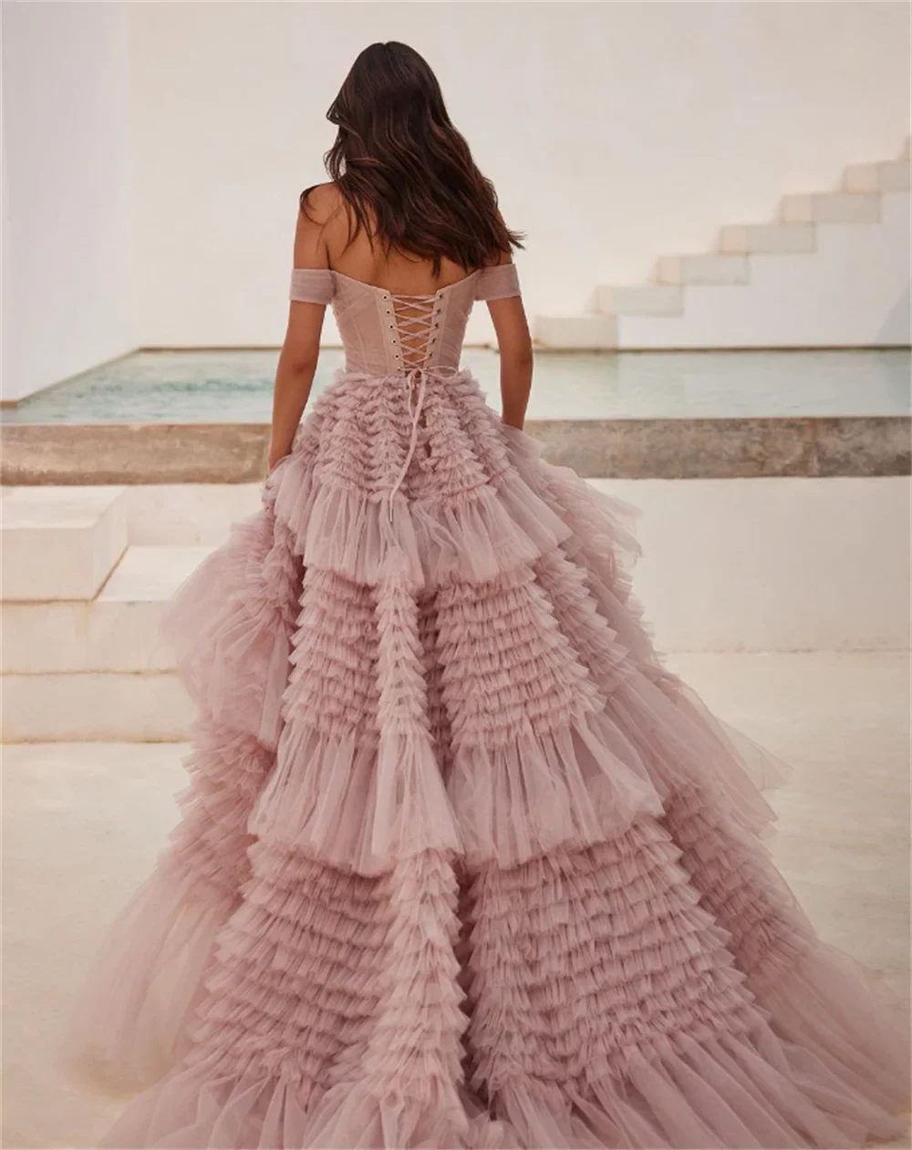Pink Layered Tulle Prom Dress