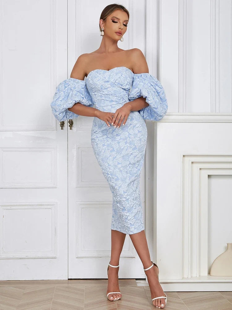 Flower Print Sky Blue V-Neck Bodycon Lace Dress