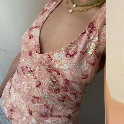 Sequin Beaded Backless Boho Halter Cami Top