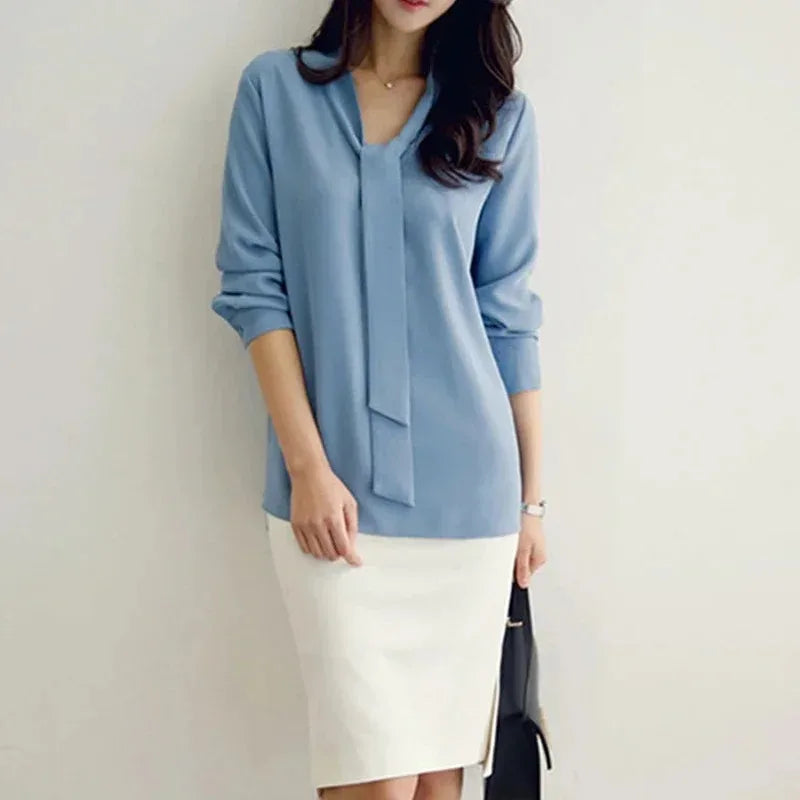 Casual Long Sleeve Bow Tie Fashion V-neck Chiffon Blouse
