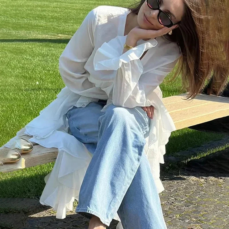 Ruffles V-neck Long Sleeve Casual Blouse