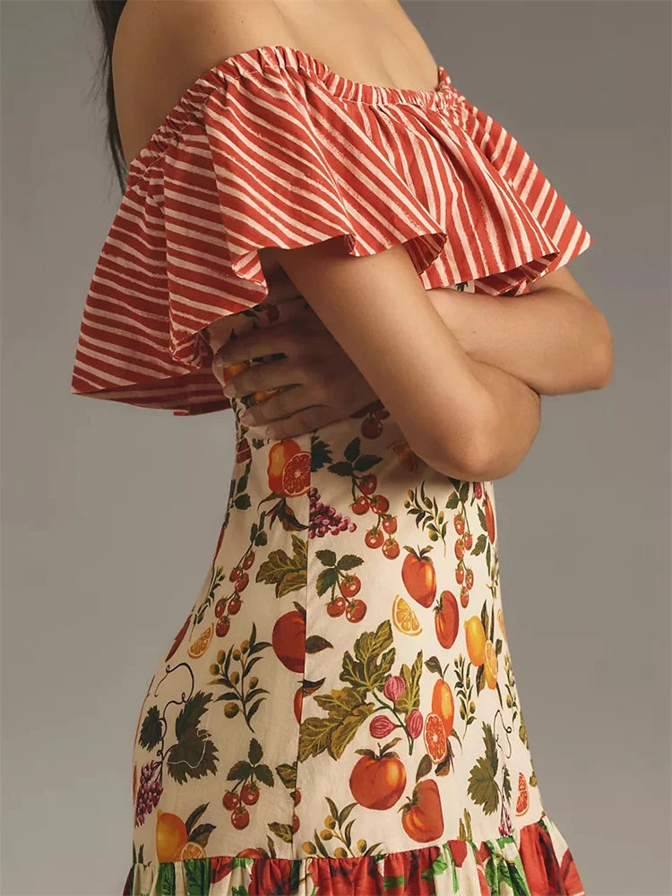 Slash Neck Ruffle Cocktail Floral Dress