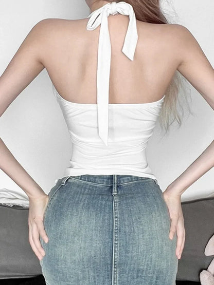 Sequined Halter Tie Back Sheer Top