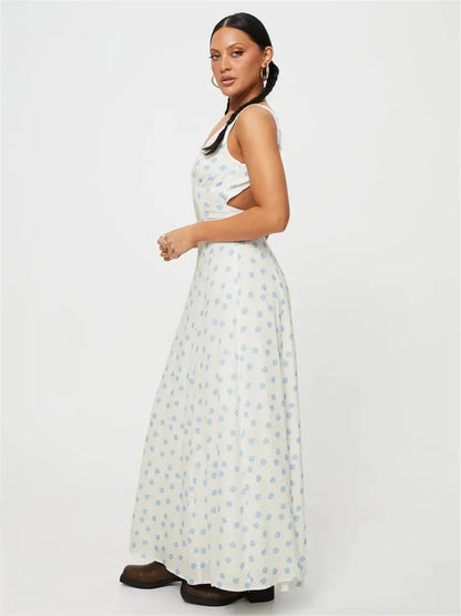 V-neck Lace-up Sleeveless Floral Dress