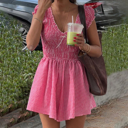 Gingham V-neck Shirred Plaid Romper