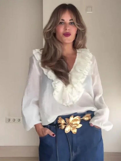 Women Ruffles Lace Up White V-neck Flared Blouse