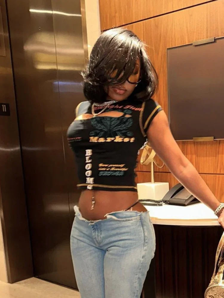 Hollow Out Print Y2K Crop Top