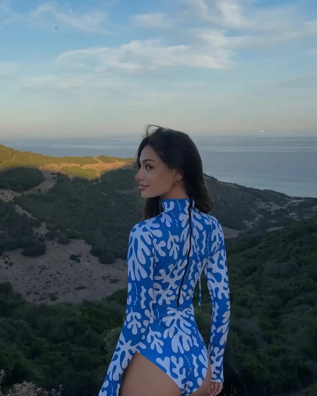 New Long Sleeve Zipper Print Vintage Surf One Piece Swimwear