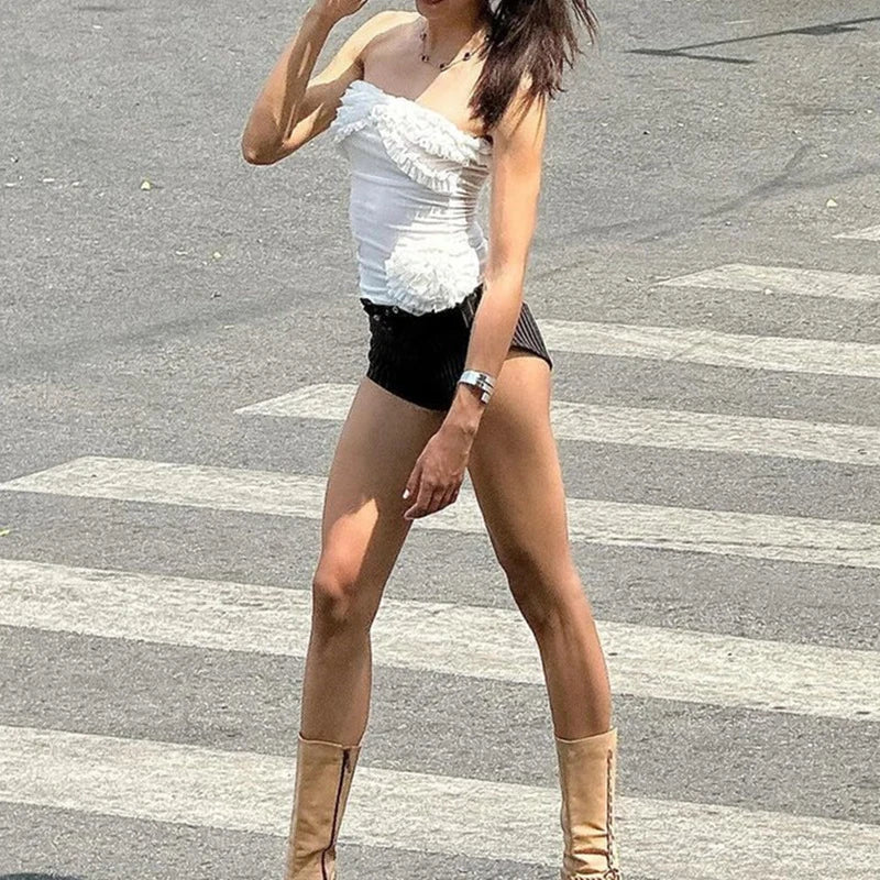 Ruffle Trim 3D Flower Backless Strapless