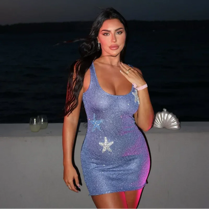 Star Print Pleated Knit Mini Summer Dress