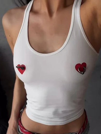 Heart Print Metal Ring Casual Streetwear Cami Top