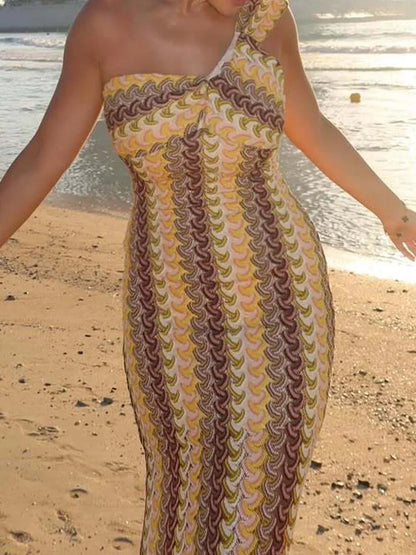 Vintage Print One Shoulder Midi Summer Dress