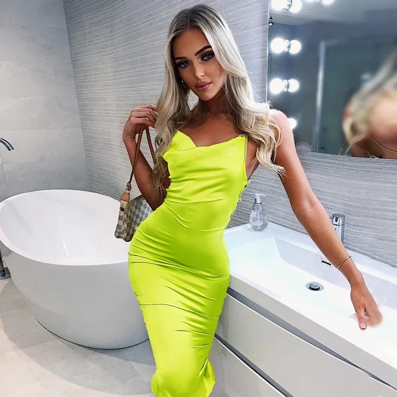 Neon Satin Lace Up Backless Midi Dress