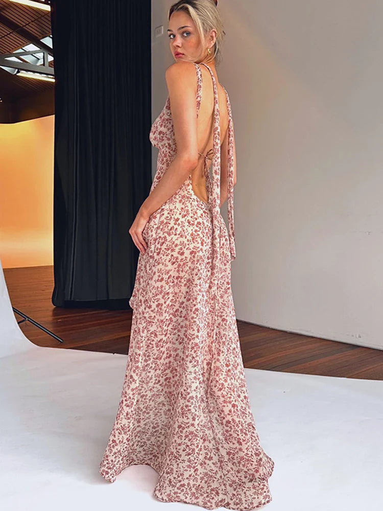 Chiffon Lace Up Slit Floral Dress