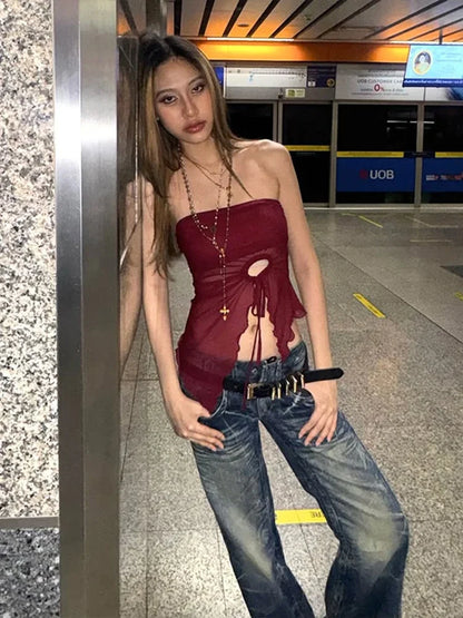 Lace-Up Wave Edge Hollow Strapless