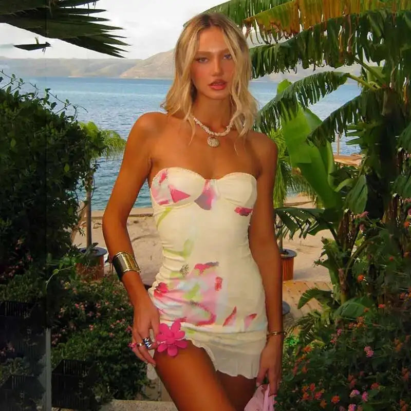 Ruffle Strapless Mini Floral Dress