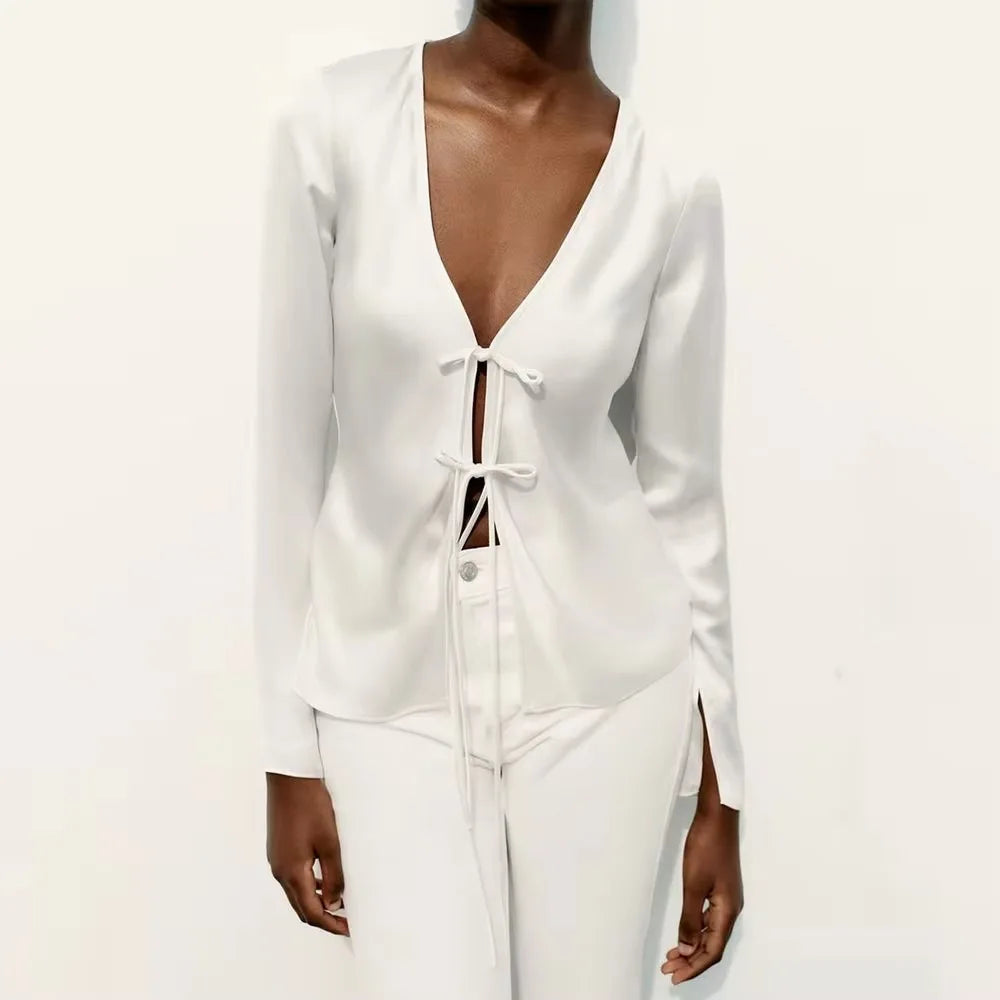 Women's Fashion V-neck Tie Up Bow Silk Satin Blouse