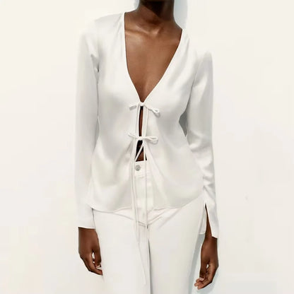 Women's Fashion V-neck Tie Up Bow Silk Satin Blouse