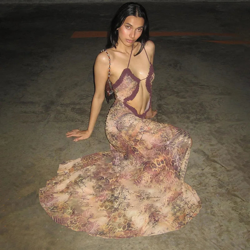 Hollow Out Printed Patchwork Lace-up Slip Dress