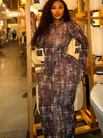 Mesh Print Colorblock Sheath Midi Dress