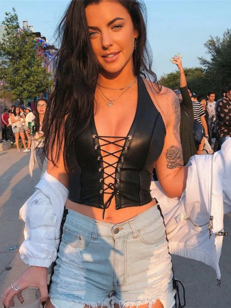 Sexy Solid Color PU Lace-up Y2K Slim Cami Top