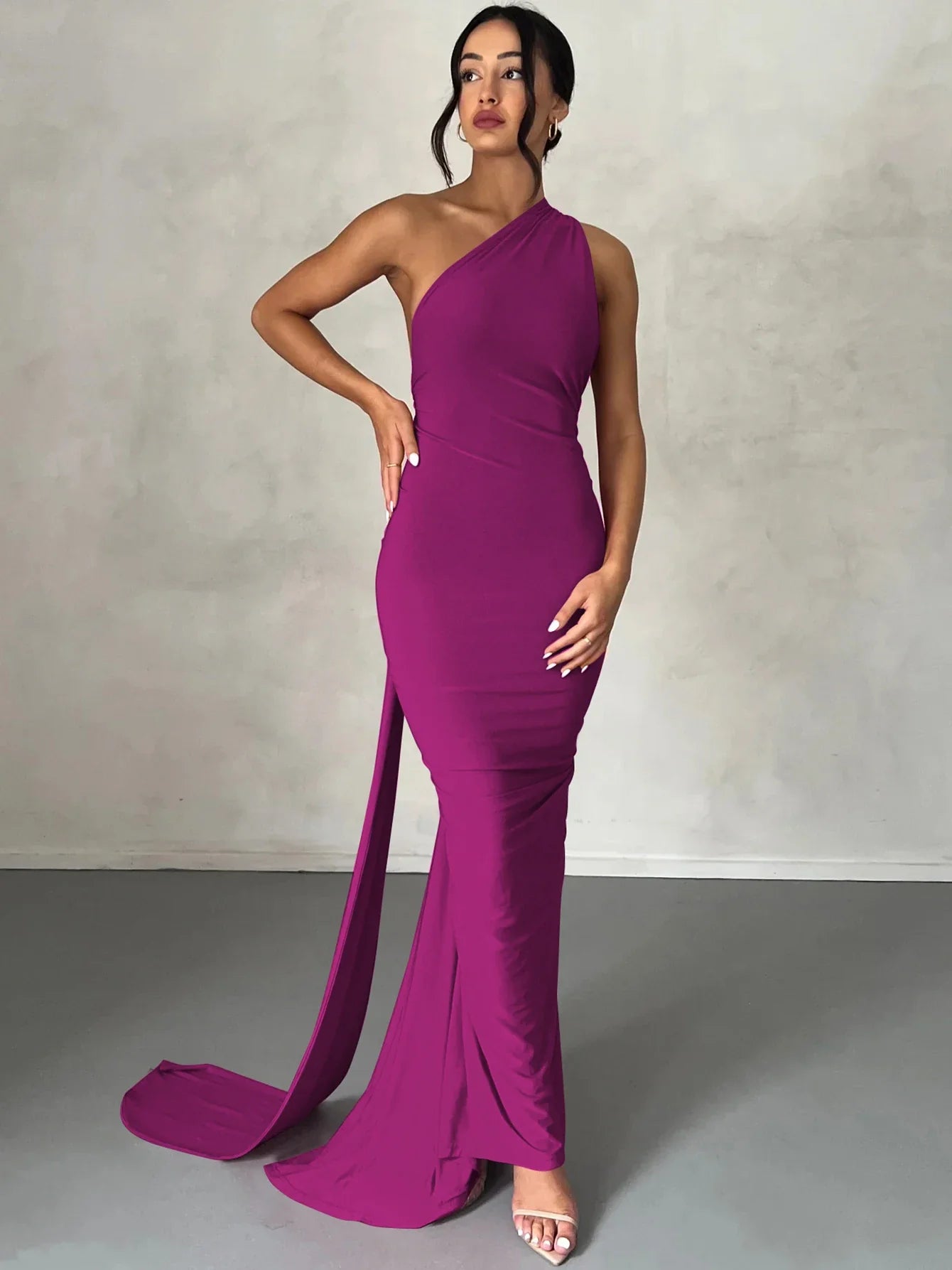 One Shoulder Scarf Ruched Maxi Dress