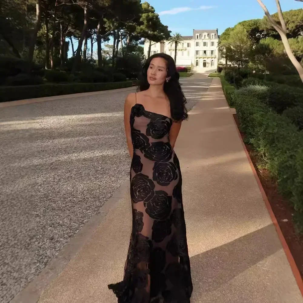 One Shoulder Mesh Flower Floral Dress