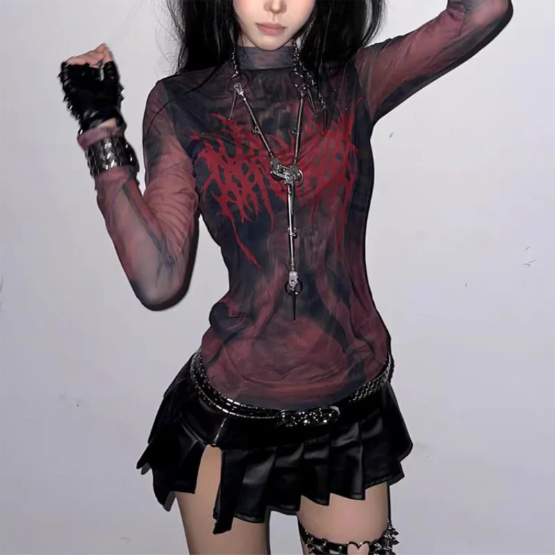 Grunge Aesthetics Print Mesh Sheer Top